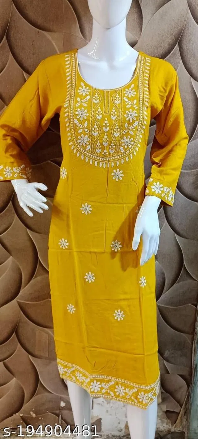 Rayon Slub Embroidered Kurti for Women (Yellow, XL)