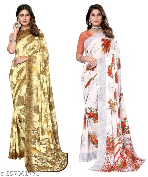 Georgette Saree for Women, Pack of 2 (White, Free Size)
