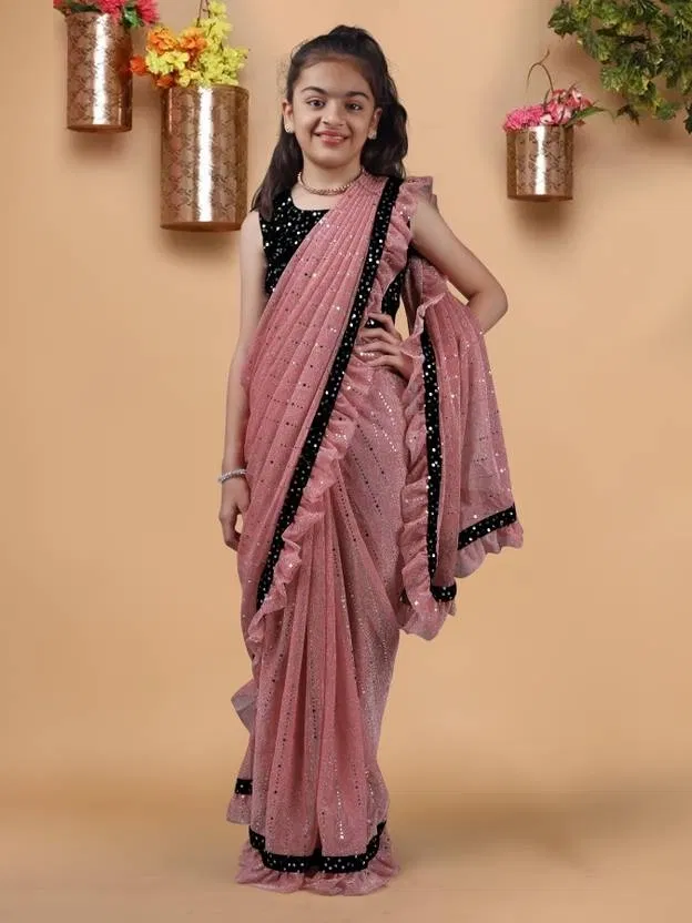 Silk Embellished Saree for Women (Peach, M) (5-7 Years)