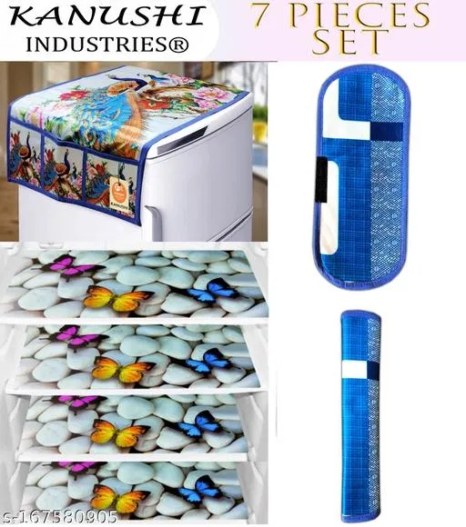 KANUSHI Industries® 1Pc Fridge Cover for Top with 6 Utility Pockets + 2 Handles Covers + 4 Fridge Mats (FRI-WHITE-PEACOCK+2-HANDLE+M-27-04)