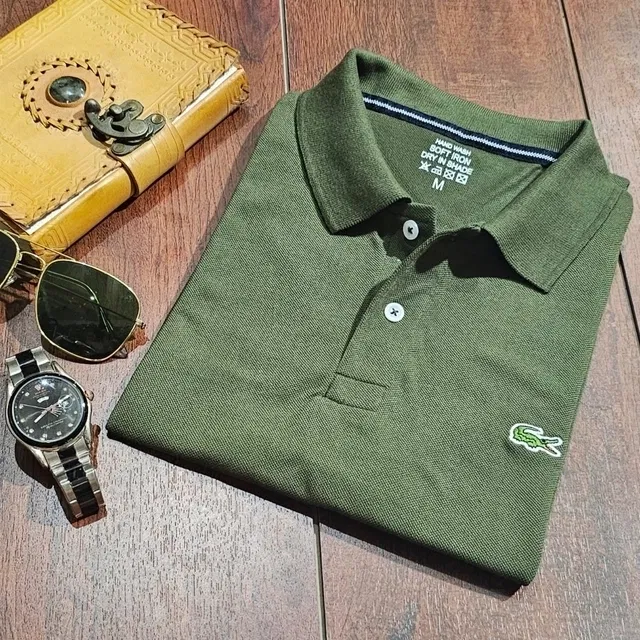 Polo Neck Solid T-Shirt for Men (Olive, XL)
