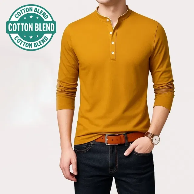 Mandarin Collar Solid T-Shirt for Men (Yellow, L)