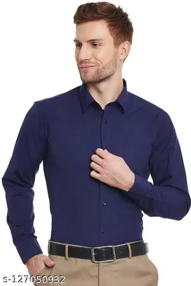 Cotton Blend Solid Full Sleeves Shirt for Men (Navy Blue, XXL)