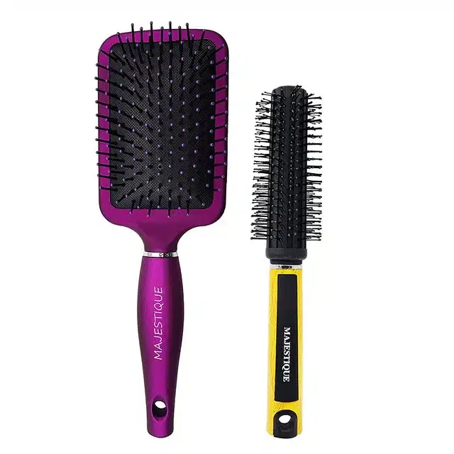 Majestique Paddle Hair Brush & Round Hair Brush for Blow Drying Men & Women (Combo of 2) (B-49)