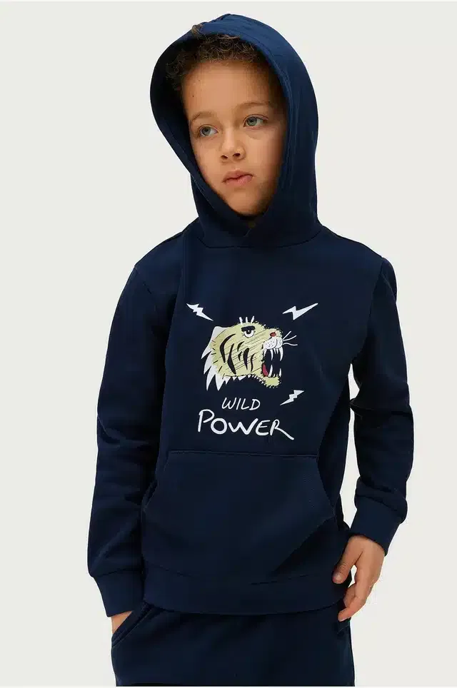 Cotton Blend Printed Hoodie for Kids (Navy Blue, 9-10 Years)
