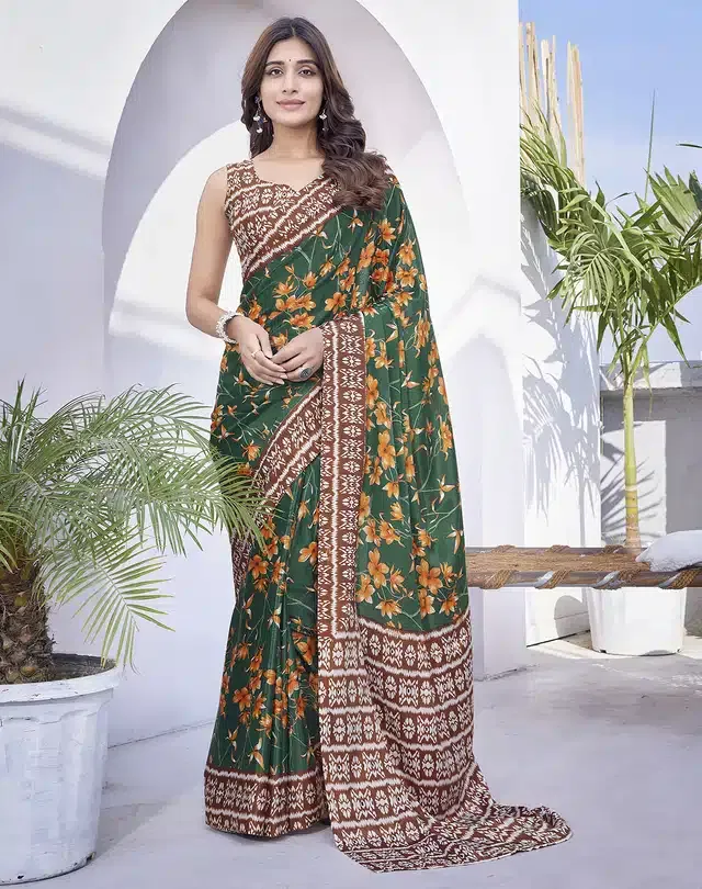 Chiffon Printed Saree for Women (Green, 6 m)