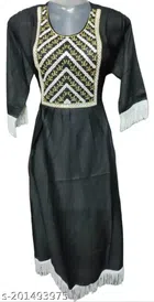 Cotton Embroidered Gown for Women (Black & White, L)