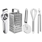 Oc9 Stainless Steel Lemon Squeezer & 4 in 1 Grater Or Slicer & Pizza Cutter & Egg Whisk & Roti Chimta Kitchen Tool Set 