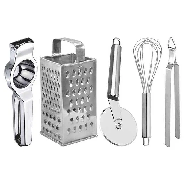 Oc9 Stainless Steel Lemon Squeezer & 4 in 1 Grater Or Slicer & Pizza Cutter & Egg Whisk & Roti Chimta Kitchen Tool Set (O-135)