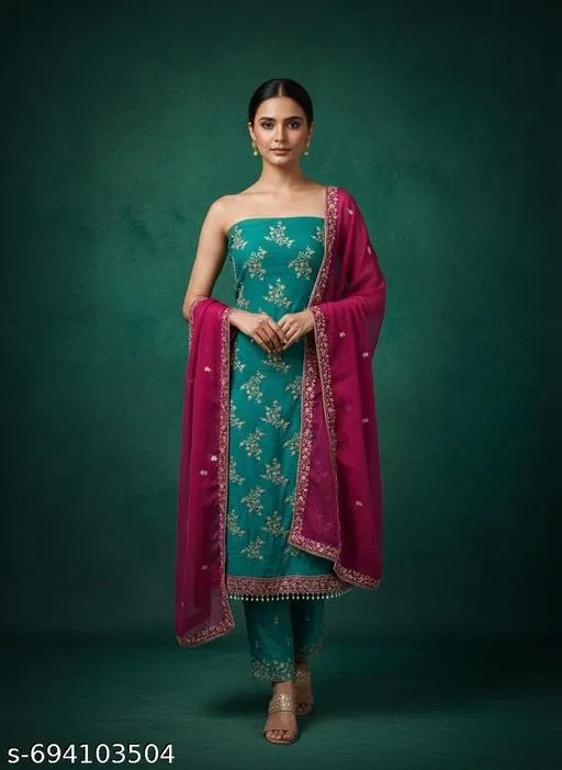 Jaipuri Style Kurti for Women (Teal, Un Stitched)