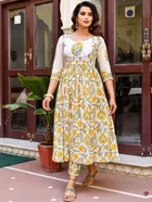 Cotton Blend Printed Anarkali Women's Kurta with Pant & Dupatta Set 