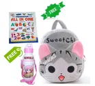 Combo of Fabric School Bag, Water Bottle with All in One Book for Kids 