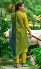 Cotton Blend Embroidered Kurta with Pant & Dupatta for Women 