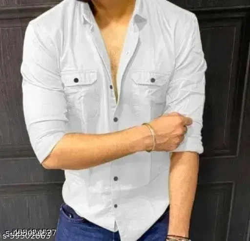 Cotton Blend Solid Shirt for Men, White (L)