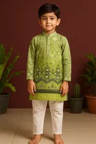 Cotton Blend Printed Kurta with Payjama for Boys, Green & White 