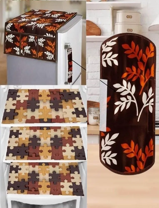 PVC Printed Fridge Top Cover with 3 Pcs Shelf Mats & Handle Cover (Multicolor, Set of 1)