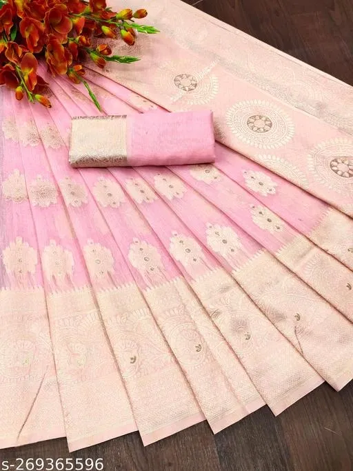 Cotton Linen Zari Woven Saree for Women (Pink, 6.3 m)