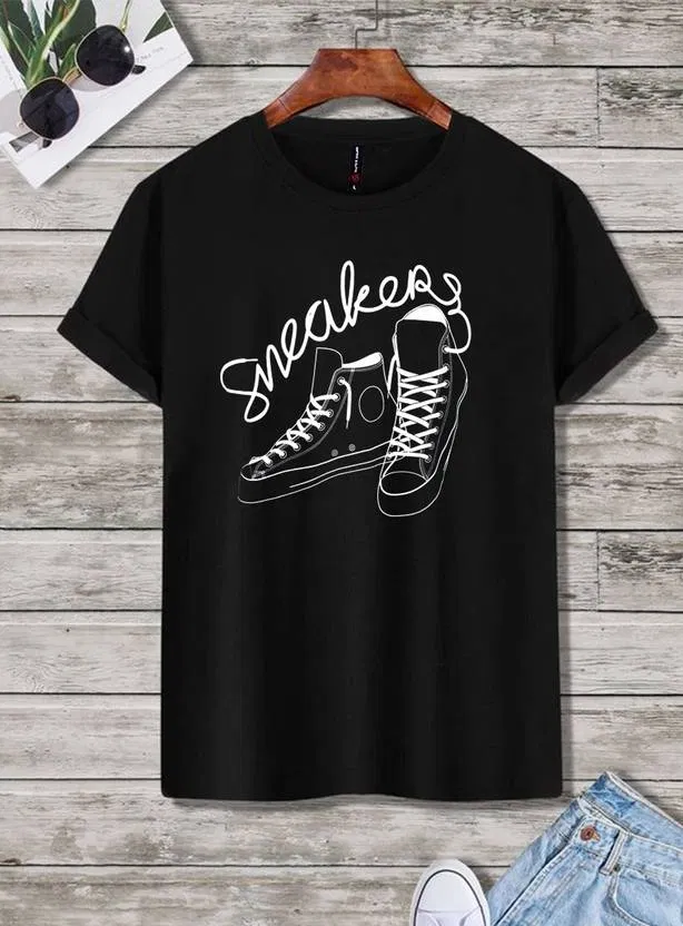 Round Neck Printed T-Shirt for Men (Black, L)