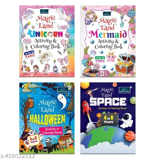 Magic Land Unicorn, Mermaid, Halloween And Space Activity & Coloring Book For Kids Set Of 4