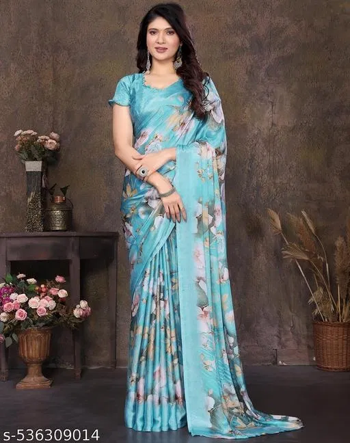 Tussar Silk Printed Saree for Women, Sky Blue (6.3 m)