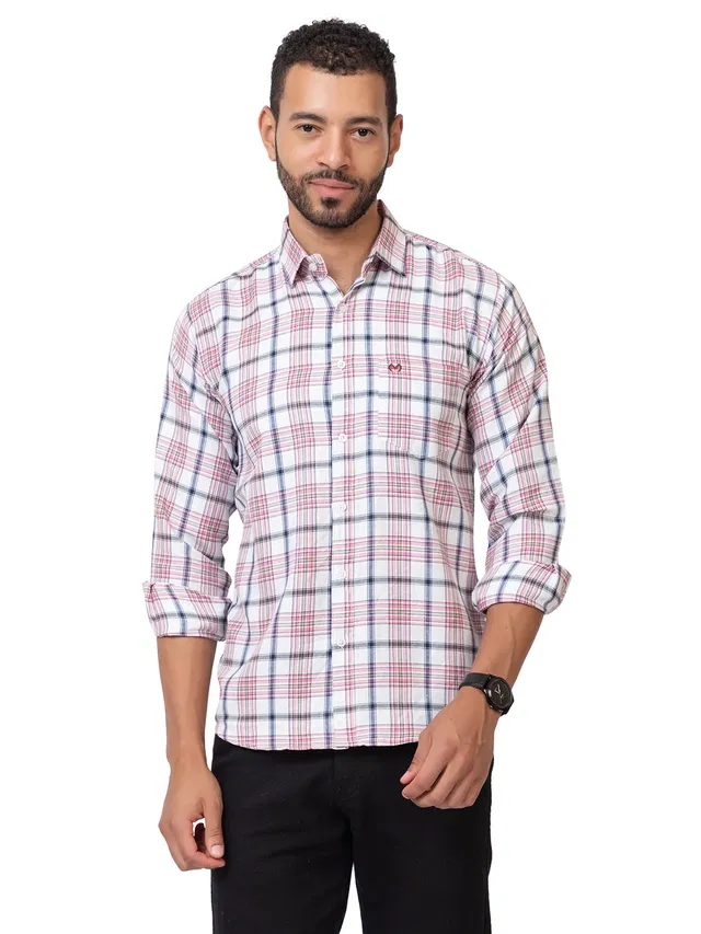 Cotton Blend Checkered Shirt for Men, White (M)