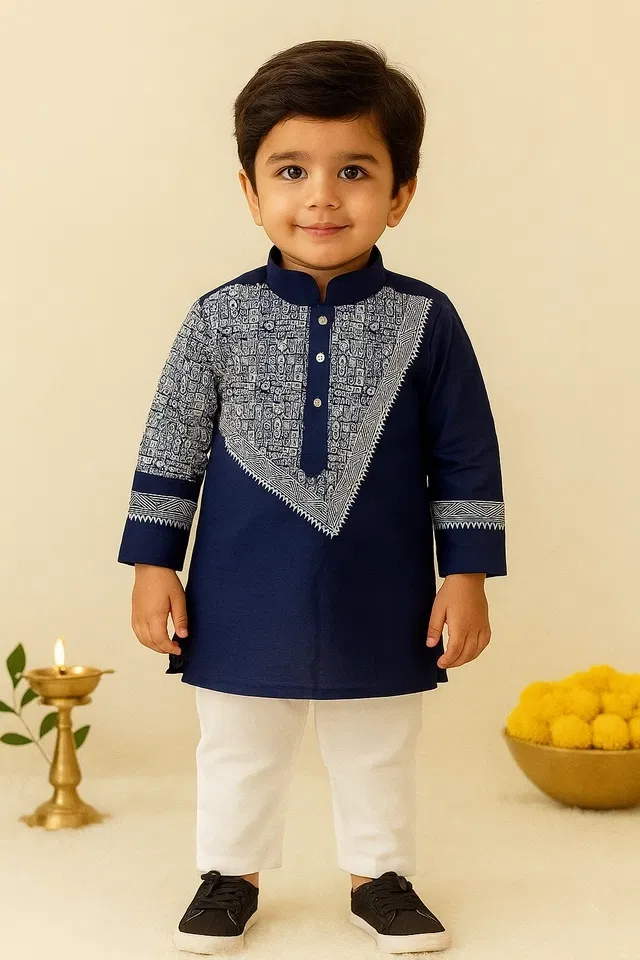 Dupion Silk Printed Kurta with Payjama for Boys, Navy Blue & White (3-4 Years)