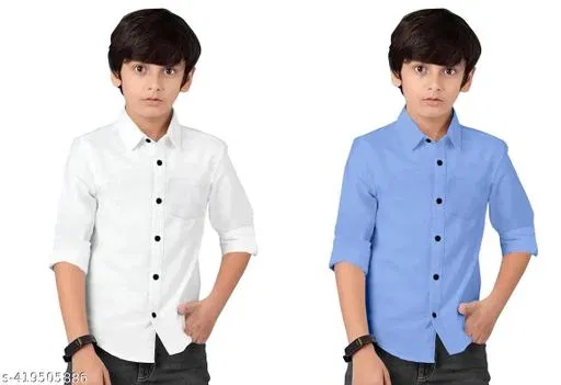Solid Cotton Blend Long Sleeve Shirt for Boys, Pack of 2 (Aqua Blue, 4-5 Years)