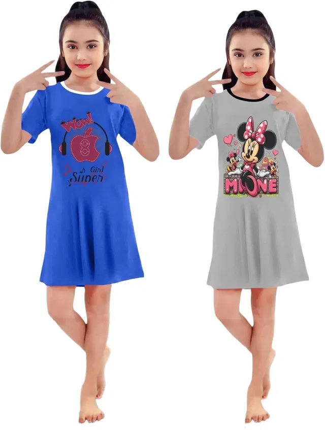 Graphic Print Shift Dress for Girls, Pack of 2 (Blu & Grey, 6-7 Y)
