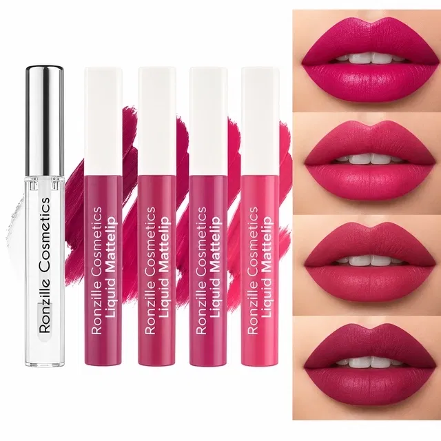 Ronzille Matte Liquid Lipstick with Lip Gloss, Pink Edition [Pack of 4]