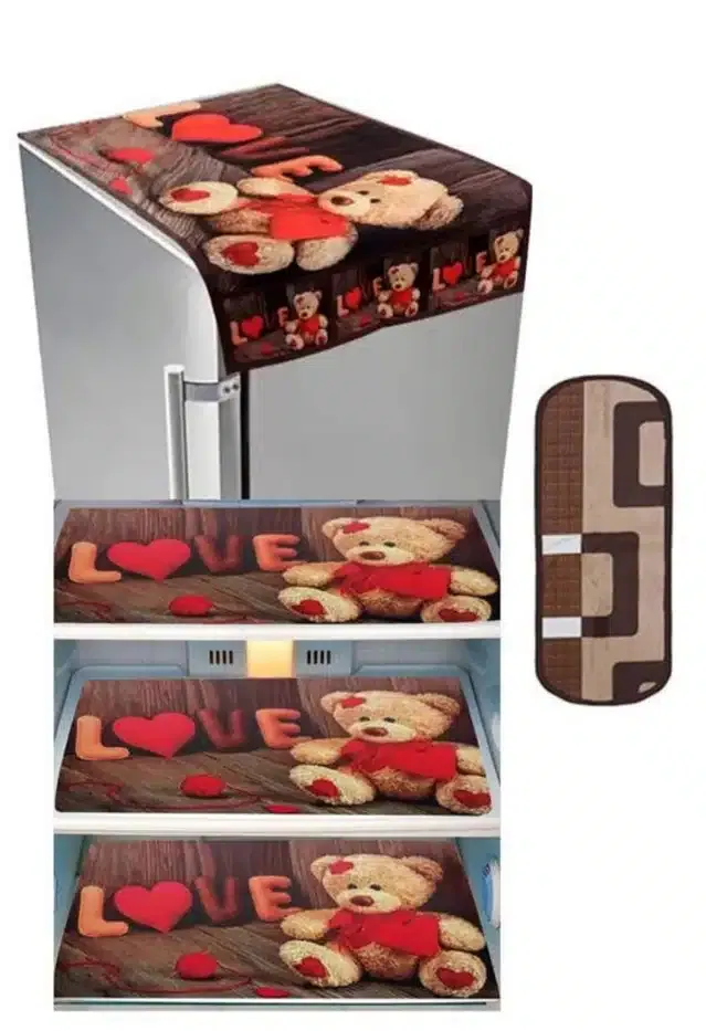 Knit Printed Fridge 3 Pcs Mat with Top & Handle Cover (Multicolor, Set of 1)