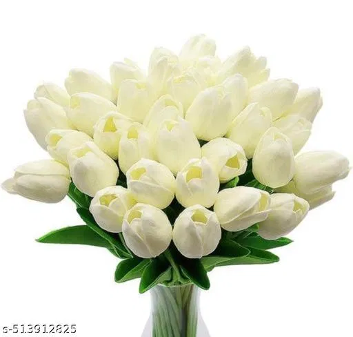 Plastic Artificial Tulip Flowers Sticks for Gifting for Women (White, Pack of 5)