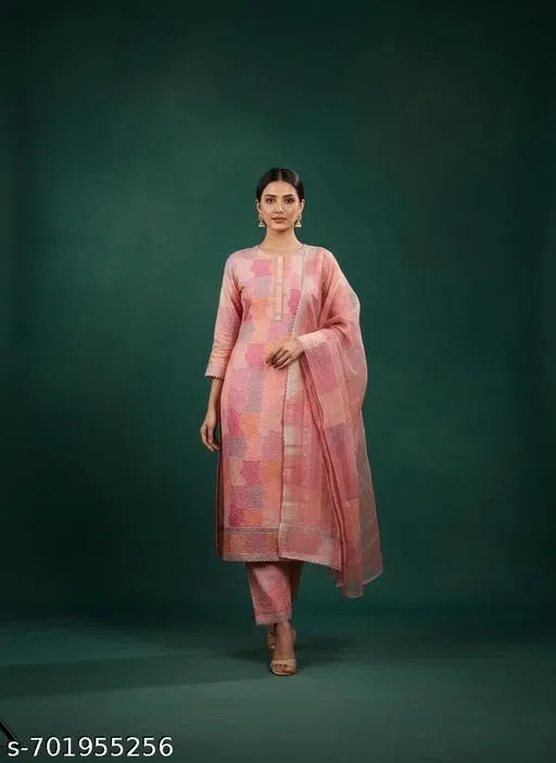Bandhani Printed Jaipuri Designs Embroidered Top Bottom Duppata for Women (Pink, Un Stitched)