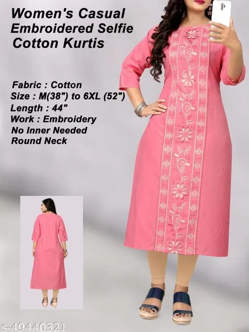 Floral Embroidered A-line Kurti for Women (Pink, L)