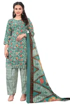 Cotton Blend Floral Kurti with Pant & Dupatta for Women (Green, 8XL)