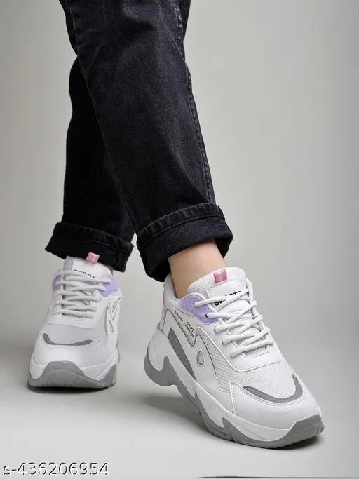 Solid Synthetic Sneakers for Girls (White, 14-15 Years)