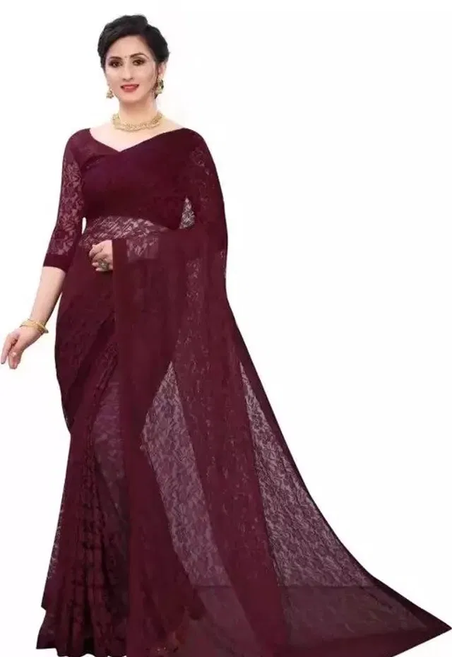 Net Floral Saree for Women (Maroon, 6.3 m)