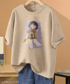Cotton Blend Printed T-shirt for Women, Beige 