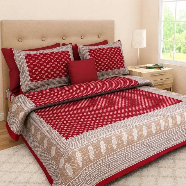Jaipuri Cotton Double Bedsheet with 2 Pillow Covers | 80x90 Inch | Booti Maroon| Traditional Rajasthani Print