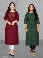 Solid Embroidered Cotton Kurti for Women, Pack of 2 
