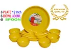 Plastic Microwave Safe 6 Pcs Plates with 6 Pcs Spoon & 6 Pcs Bowls (Yellow, Set of 18)