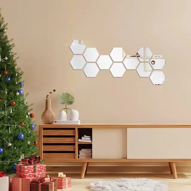 Acrylic Hexagon Shaped Wall Mirror Stickers (Silver, Pack of 12)