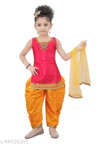 Silk Blend Kurta Sets for Girls (Red & Yellow, 12-18 Months)