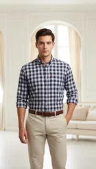 Cotton Checkered Shirt for Men, White 