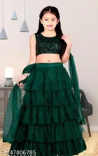 Net Solid Lehenga Choli with Dupatta for Girls (Bottle Green, 1-2 Years)