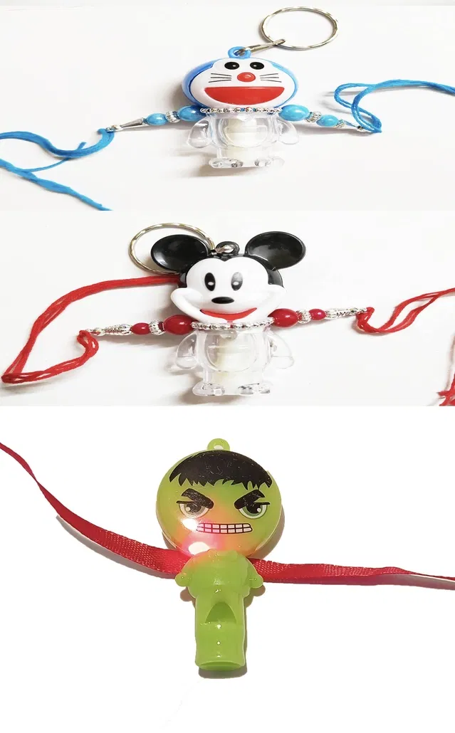Plastic Hulk, Doraemon & Mickey Light & Whistle Kids Rakhi (Multicolor, Pack of 3)