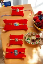 Combo of 4 Pcs Rakhi, 4.5 inch Plate, Greeting Card & Roli Chawal 