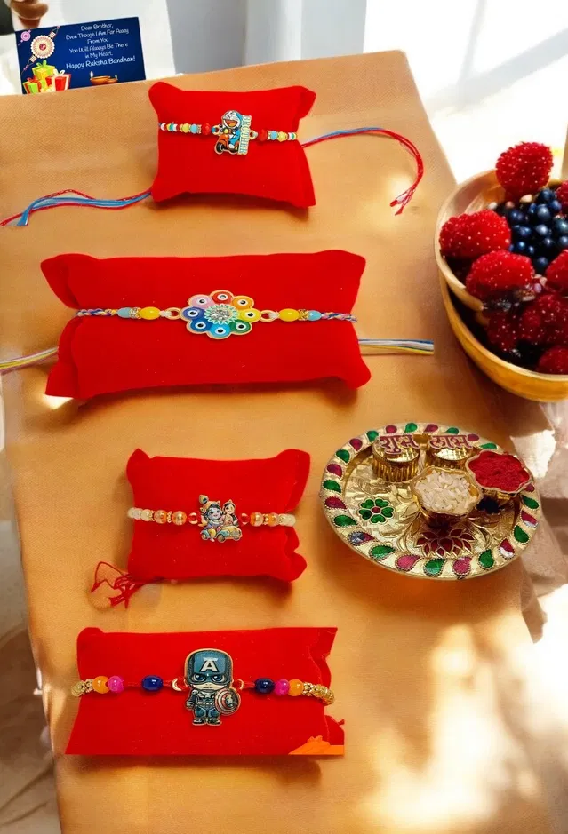 Combo of 4 Pcs Rakhi, 4.5 inch Plate, Greeting Card & Roli Chawal (Multicolor, Set of 1)
