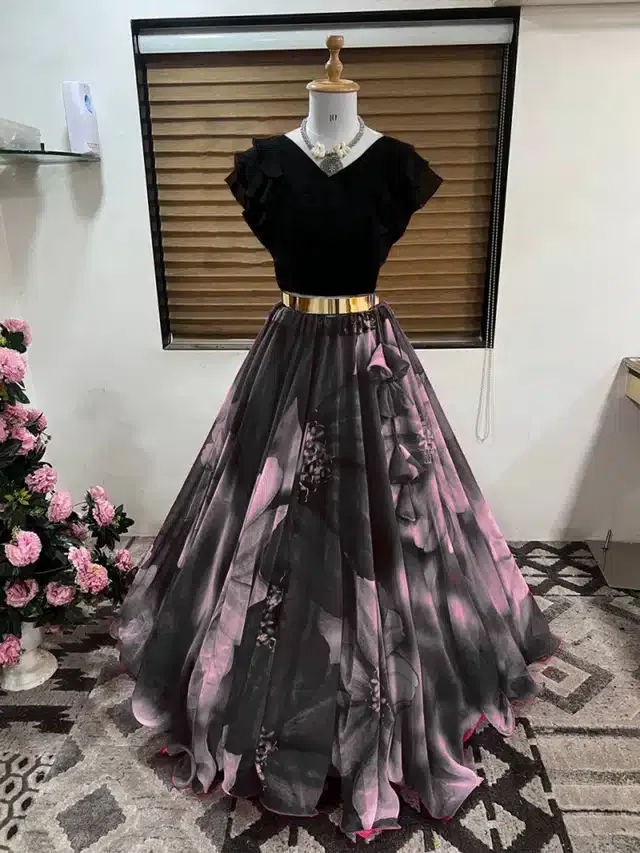Organza Semi Stitched Lehenga Choli for Women (Black, Free Size)