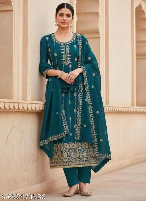 Vichitra Silk Punjabi/All Over Suits Semi-Stitched Suits (Blue, 6.45 meter for Women (XL)