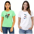 Cotton Blend T-shirt for Women, White & Green, Pack of 2 